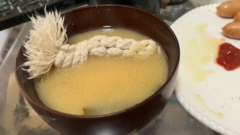 みそ汁の中に入っている猫のおもちゃ