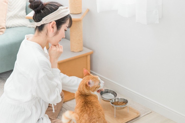 猫の食器を手に持つ女性と猫