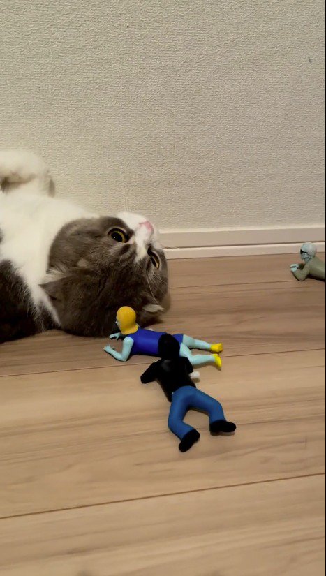 寝転がっている猫に近寄るゾンビのおもちゃたち