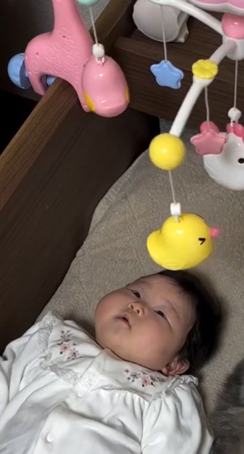 ベッドの上に吊されたおもちゃを見つめる赤ちゃん