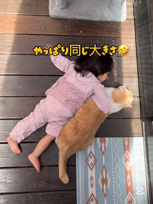 猫の肩を抱いて横になる子供