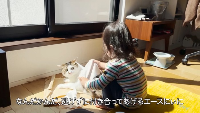 子どもと一緒にいる猫