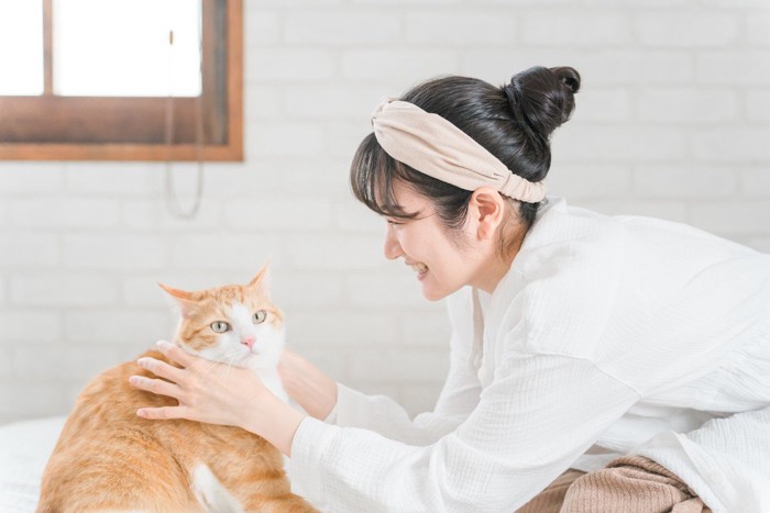 ヘアバンドの女性とそっぽを向く猫