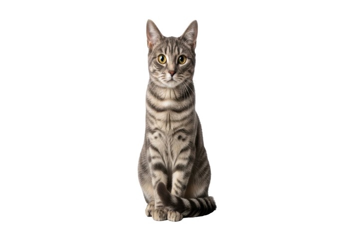 しっぽ巻き座りをする猫の正面写真