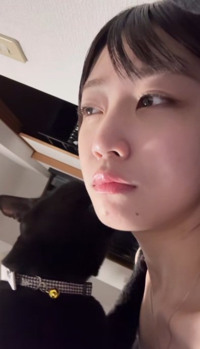 飼い主の顔をなめる黒猫