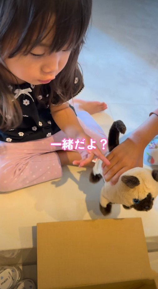 おもちゃの猫を指さす女の子