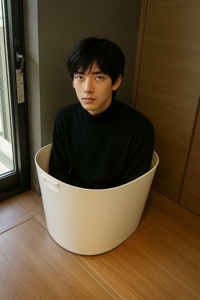 猫トイレに入る男性