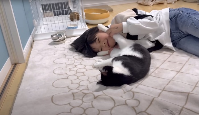 猫の足を広げて顔にはさむ女の子
