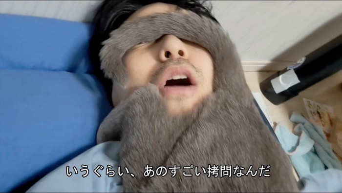 猫に顔に乗られて文句を言う飼い主