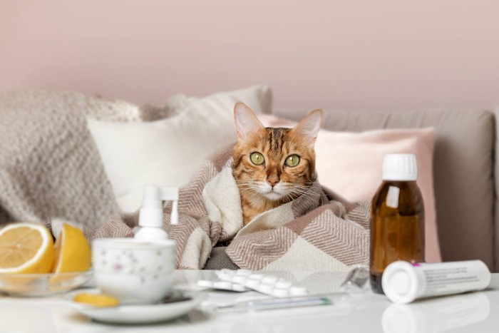 毛布にくるまる猫