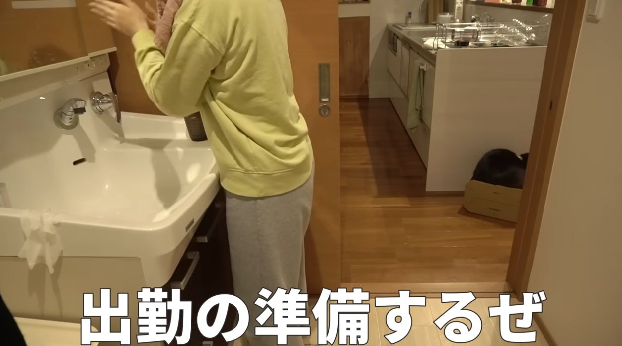 洗面台にいる飼い主