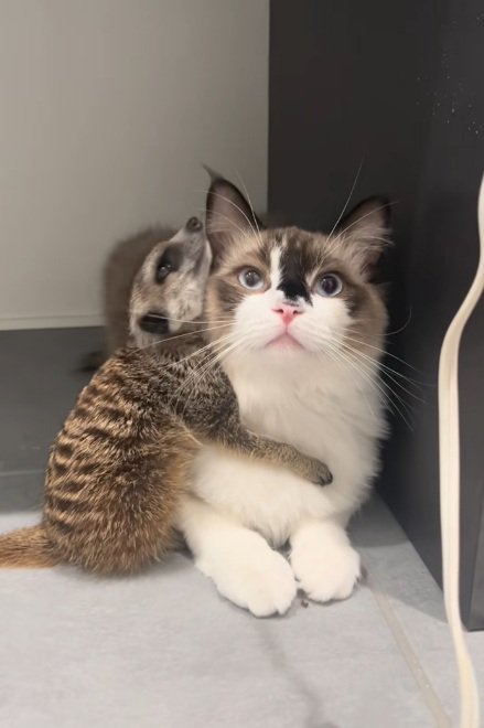 猫に抱き着いているミーアキャット