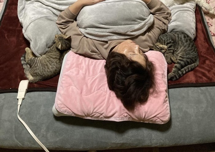 布団で寝る飼い主と猫