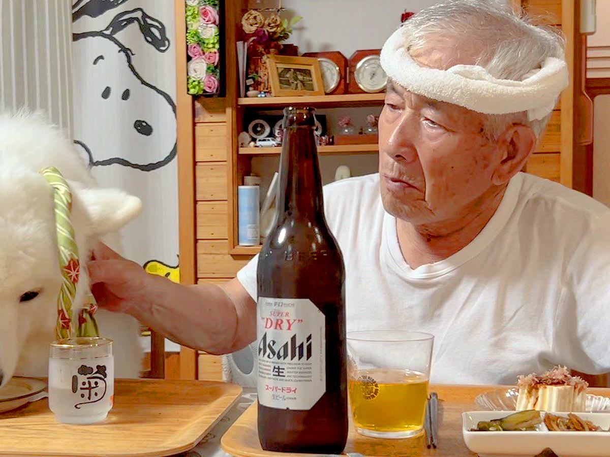 おじいちゃんが『居酒屋さん』になった結果→２匹の犬と一緒に…思った以上の光景が12万表示「はちまき似合いすぎてる」「いろんな和がある」