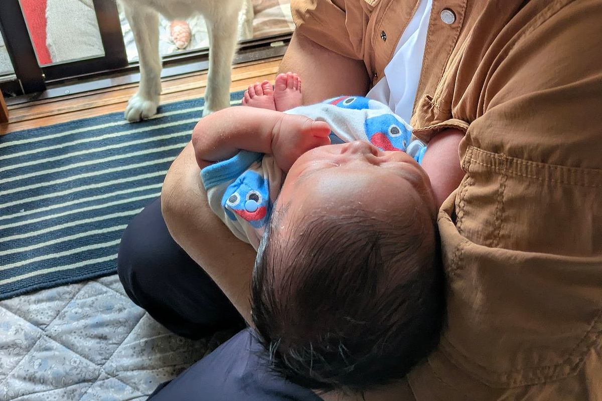 実家に連れて帰った赤ちゃんが泣いた結果→犬が『大丈夫なん？』と近づいて…様々な感情が詰まった『表情』に4万いいね「たまらん」「可愛い一枚」