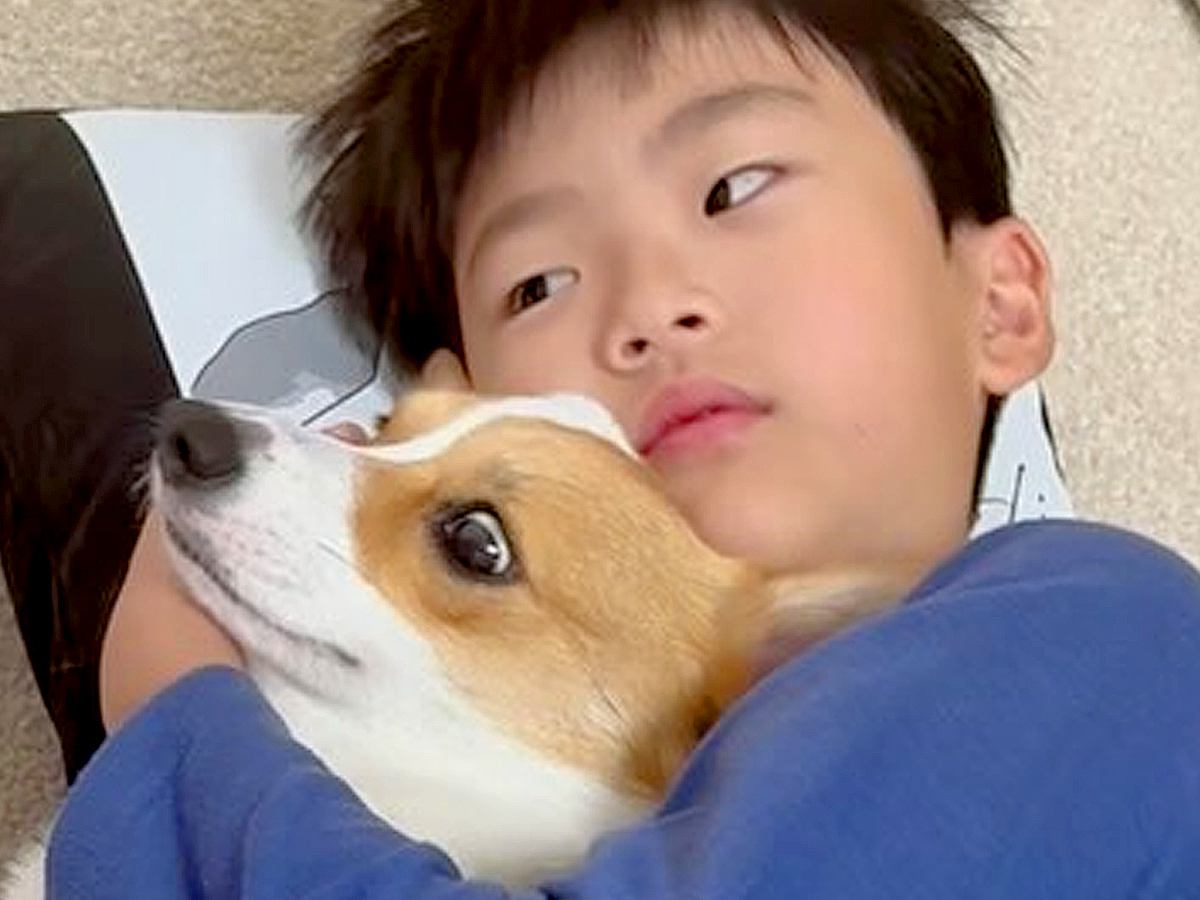 転がる男の子が『犬にヘッドロックをかけてる』と思ったら…意外すぎた『まさかの光景』が415万再生「幸せそうｗ」「温かいもんね」と絶賛