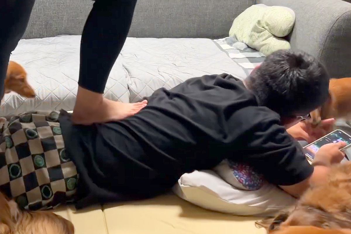 妻に踏まれ『痛い！』と悲鳴を上げる夫→5匹の犬が寄ってきて『心配してくれる』と思いきや…切ない光景に反響「わちゃわちゃ感がたまらんｗｗ」