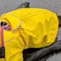 雨ガッパを着て散歩…