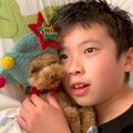 犬と寝転がる男の子…