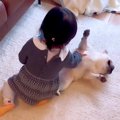 赤ちゃんが犬を撫で…