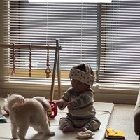 おもちゃで遊ぶワンコと赤ちゃん4