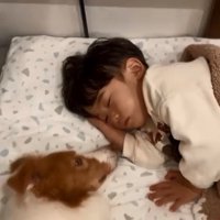 息子さんを見るラスカルくん