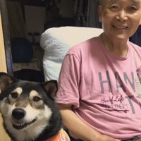 笑顔でカメラ目線のおじいちゃんと黒柴