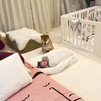 赤ちゃんの隣にたたずむ