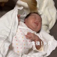 横になっている赤ちゃんの顔をしっぽで撫でる犬