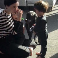 母親と男の子の間にいる犬