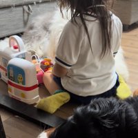 ままごとする子供と大型犬