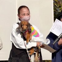 式の司会者に視線を移す飼い主
