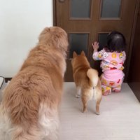 3人並んで見守る