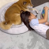 クッションになっている犬の隣に寝転がってゲームをする女の子