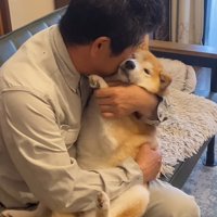 犬に頬ずりする男性