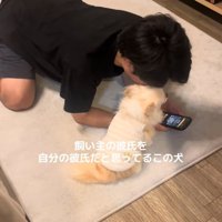 彼氏の隣に居座る犬