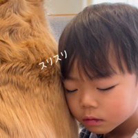 目を閉じたまま犬に頬ずりする男の子