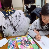 お絵描き中に見守っているタカ