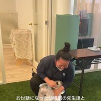 先生に駆け寄る小型犬