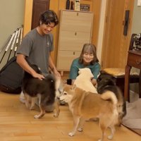家族のそばに集まる4匹の犬