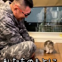 男性の前にちょこんと立つ子犬