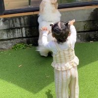 テラスの仕切りに手をかける犬と、男性に向かって手を広げる女の子