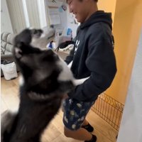 抱き合う犬とお兄ちゃん1