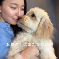 女性に顔を近づける子犬