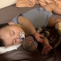 ぬいぐるみに囲まれた赤ちゃん