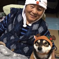 サンタとトナカイの仮装をするおじいちゃんと犬