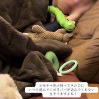 おもちゃに囲まれて寝る人