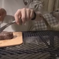 肉を見つめる犬