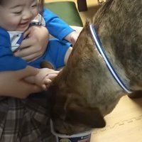 近づく犬を見て笑顔になる赤ちゃん