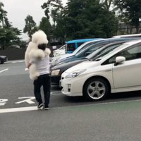 犬を抱っこするパパ